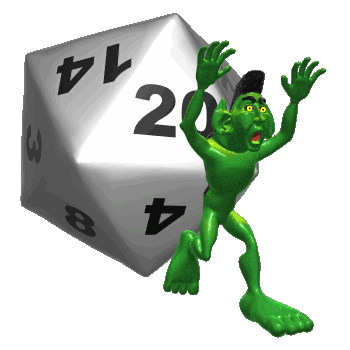 goblin being chased by large 20 sided die
